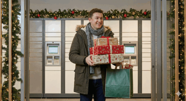 man holding christmas presents in front of a parcel locker bank