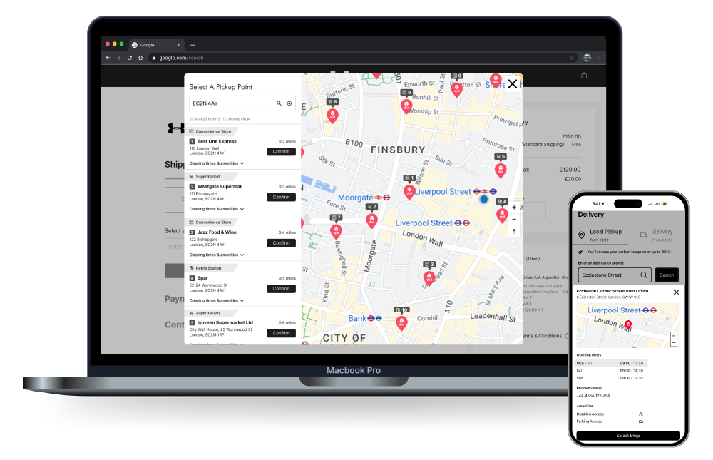 HubBox-Abholung außerhalb des Hauses, dargestellt im E-Commerce-Bezahlvorgang auf Mobilgeräten und am Desktop