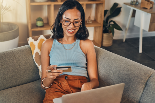Woman of sofa choosing pickup at checkout