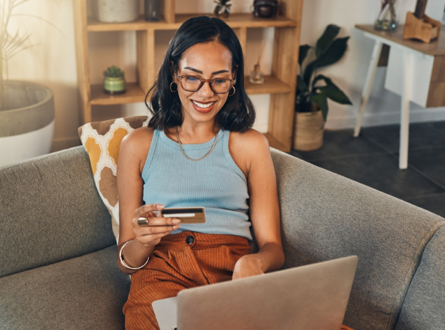 Woman of sofa choosing pickup at checkout