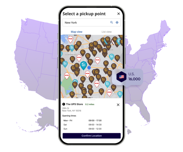 PickupPoints map view in mobile checkout showing 16,000 UPS Access Point locations across the US, with a selected UPS Store displaying opening hours and a Confirm Location button