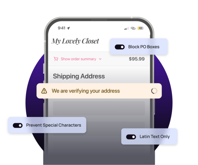 Prism address validation settings shown in a mobile checkout screen, with toggles to block PO boxes, prevent special characters, and restrict to Latin text only