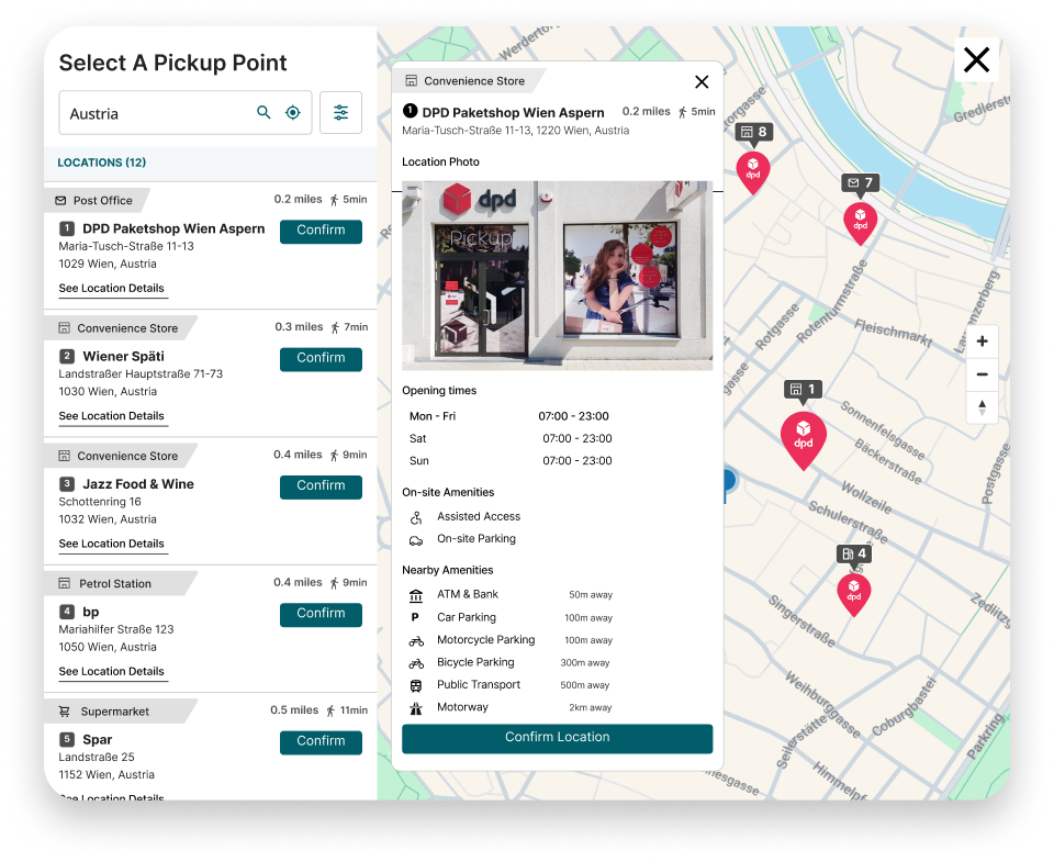 HubBox Asendia pickup map in checkout