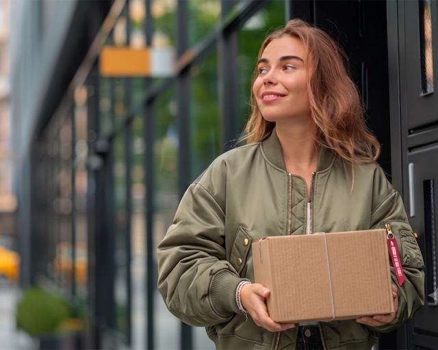 Woman holding a parcel collected from a pickup point, representing customer loyalty in ecommerce delivery