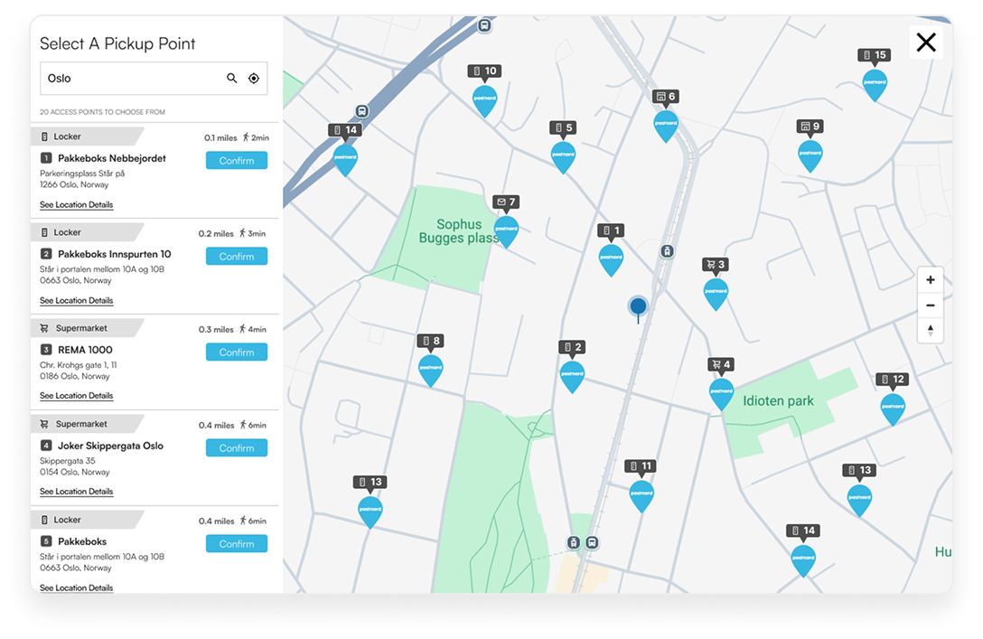 HubBox PostNord pickup map in checkout