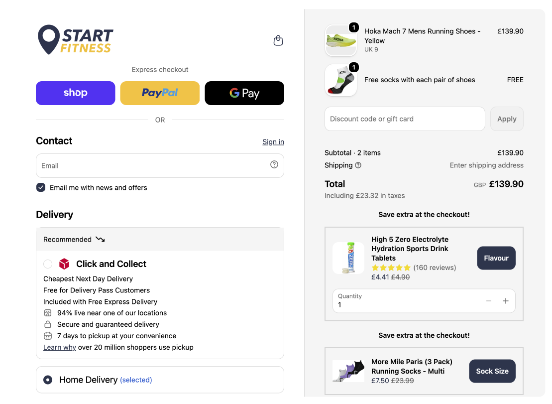 HubBox's Click and Collect option sits front and centre in the Start Fitness checkout - one of the changes behind a 30% drop in failed deliveries.
