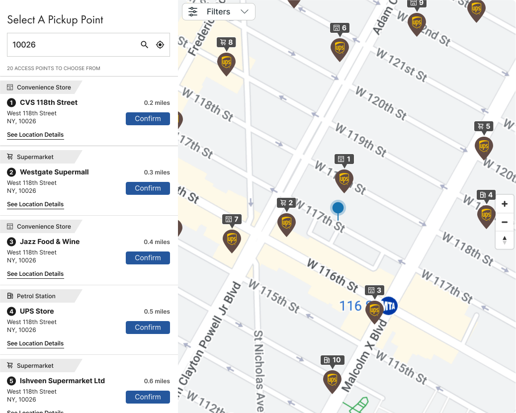 HubBox UPS Access Point pickup map in checkout