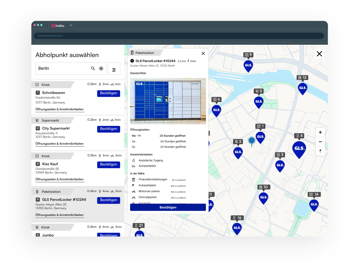 HubBox GLS pickup map in checkout