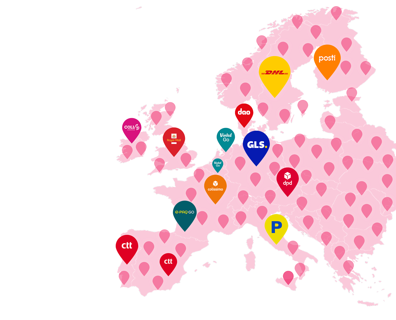 Map of Asendia pickup locations across Europe