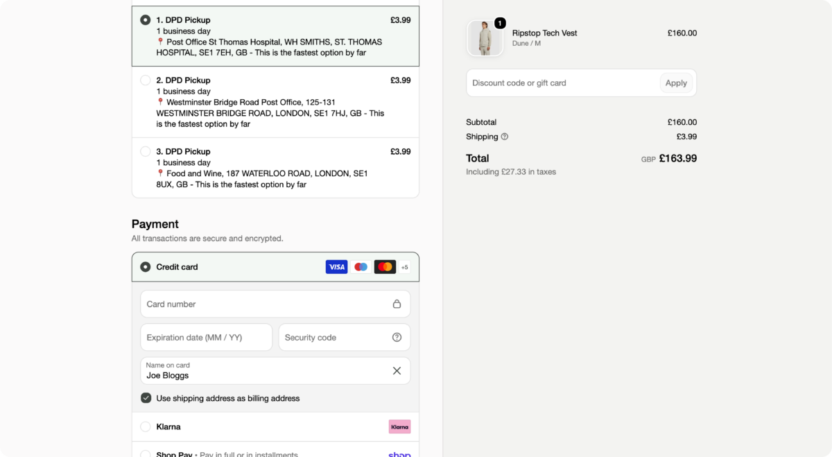 MANORS Shopify checkout showing DPD Pickup delivery options powered by HubBox