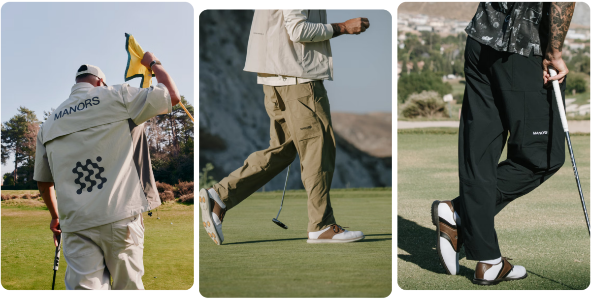 MANORS golf apparel worn on the course, including branded jacket, technical trousers and golf shoes