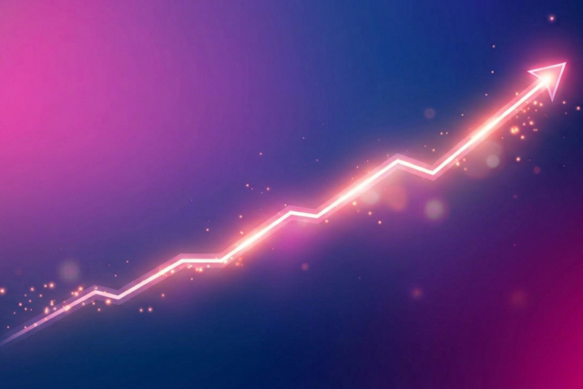 Glowing line graph rising sharply upwards on a navy and pink background, representing the surge in parcel volumes during peak season