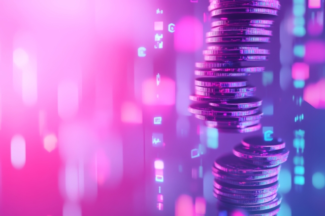 Stacks of coins in pink and purple neon light, representing how pickup at checkout can increase AOV